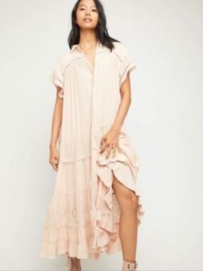 Free People Size M Pretty Cozy Maxi Shirtdress Blush Pink